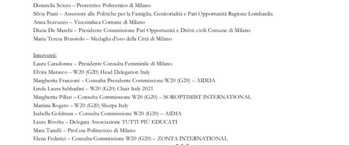 La rappresentante dello ZC Milano Sant’Ambrogio presso la Consulta Femminile Milanese terrà la relazione conclusiva all’incontro con il Board del W20 Italiano